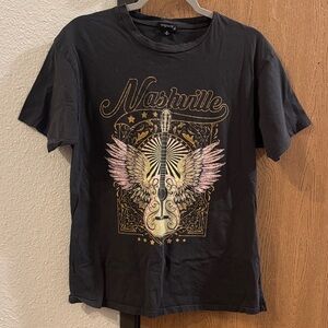 Express Black Tee with Guitar and Wings Graphic